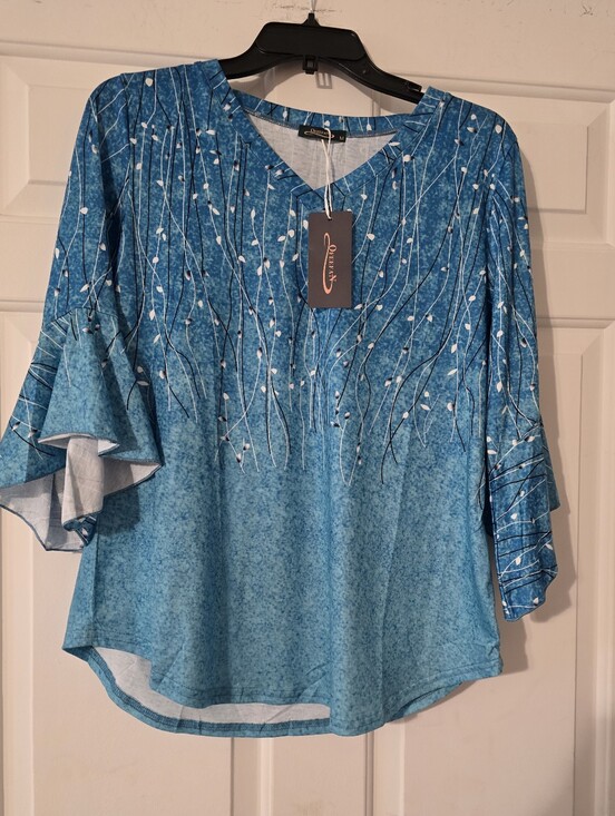 Tops - Qfeean Elegant Blue Floral-Print V-Neck Women's Top